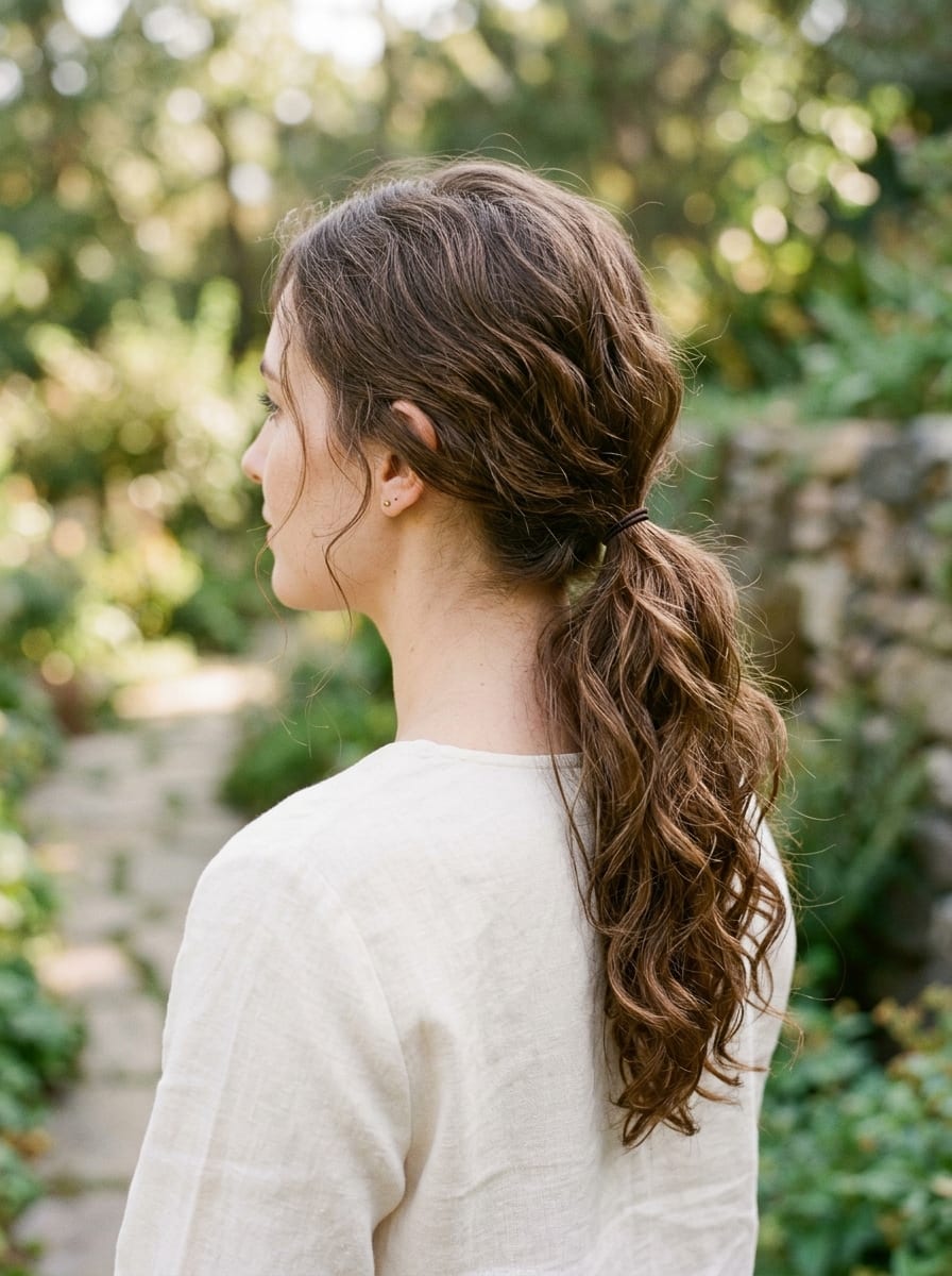 Tiefer Ponytail mit natürlichen Wellen - Frisur für wellige Haare